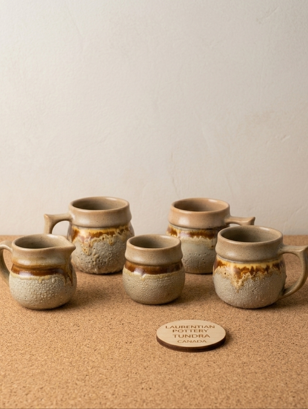 Laurentian Pottery Tundra Coffee Set 1970s Lava Glaze Mugs Creamer Sugar 5 Piece